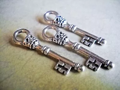3 Skeleton Key Pendants Silver Key Charms Steampunk Supplies Findings • $1.56