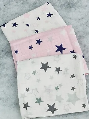 3 Pack Muslin Squares Large 70x80cm Baby Nappies Bibs Cloth Stars Pink Grey • £5.99