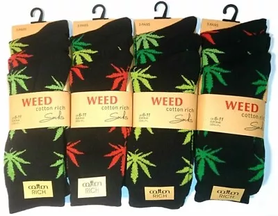 3 Pairs Mens Weed Leaf Cotton Black Cannabis Ganja Marijuana Socks Size 6-11 • £9.98