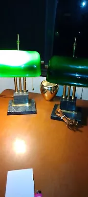 Two Vintage Green Marble And Brass Bank Lamps • $35