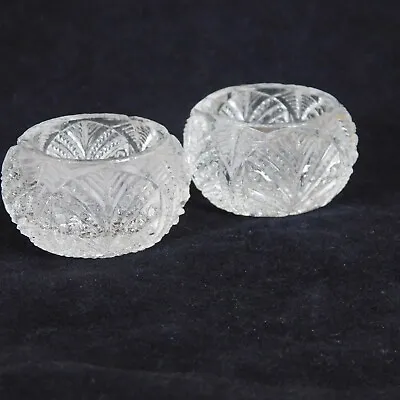 Salt Cellars Set Of 2 Clear Glass Round Palm Leaf Pattern Vintage 1.75  Dia FLAW • $8