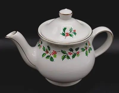 Vintage Sadler England Christmas Holiday Teapot Bone China Green Holly/Red Berry • $18