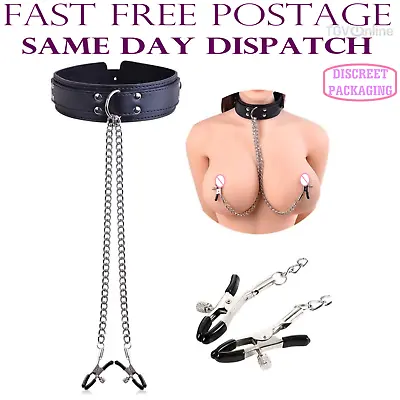 Bondage Slave Collar Chain Nipple Clamps Leather Fetish Sex Toy For Couples BDSM • $32.95