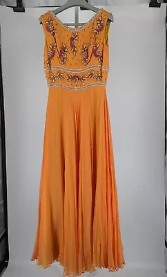 Vintage 50s Doops Hollywood Couture Sequin Orange Chiffon Dress Gown Red Carpet • $364.99