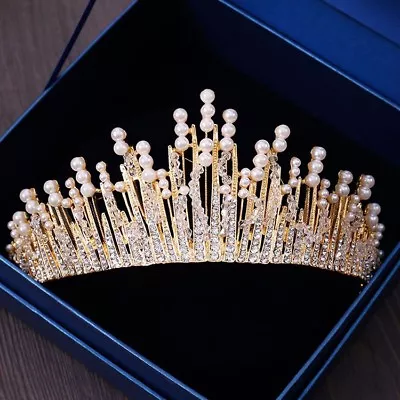 £34.67 • Buy Stunning Gold Crown/tiara With Clear Crystals & White Pearls, Bridal Or Racing