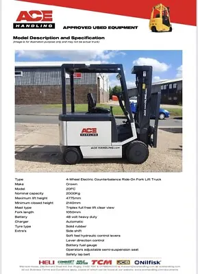 £7250 • Buy Container Spec Electric Forklift Hire-£54.99pw Buy-£7250 HP-£36.21pw VAT DEPOSIT