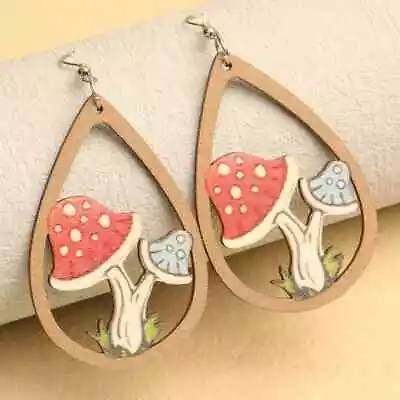 1 Pair Tear Drop Mushroom Earrings Wooden Flat Creative Holiday Gift THB-14 • $9.95