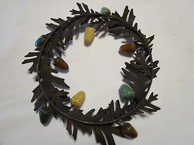 Vintage Wall Door WREATH Steel Oak Leaves W/ Ceramic Acorns 17”W Artisan 1980's • $159