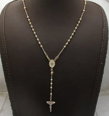 $649.50 • Buy 3mm 17  All Shiny Medallion Cross Rosary Chain Necklace Real 10K Yellow Gold 