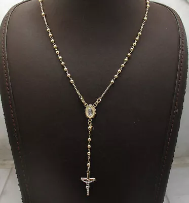$649.50 • Buy 3mm 17  All Shiny Medallion Cross Rosary Chain Necklace Real 10K Yellow Gold 