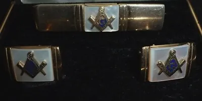 Vintage Masonic Freemason Mother Of Pearl And Goldtone Cufflinks & Tie Clip SET • $14.95