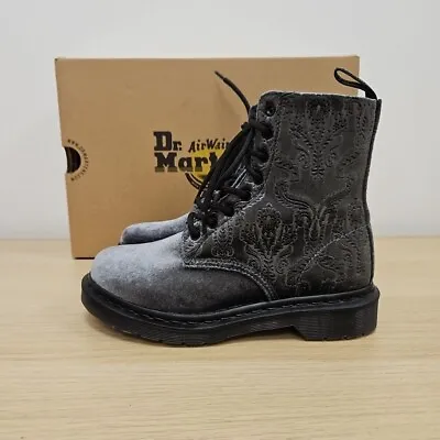 Dr Martens 1460 Brocade Paisley Soft Velvet Grey Ankle Rare Boots Size Uk 3 • £89.99