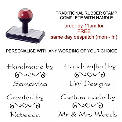 Personalised Handmade By Rubber Stamp Heart Scroll Image And Your Name  Business • £14.95