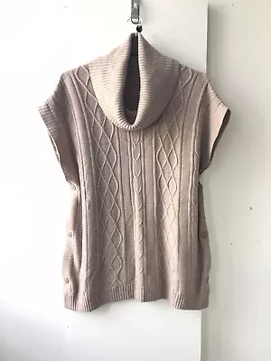 M&S Beige CABLE KNIT ROLL NECK TANK TOP DEEP SPLITS TO BOTH SIDE UK S/M • £3.39