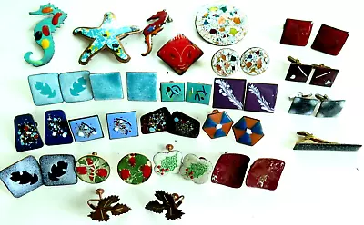 Vintage  Lof Of 23 Copper Enamel Earrings Pins Cufflinks & Tie Bar • $45.99