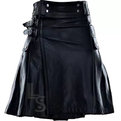 Scottish Handmade LARP Warrior Utility REAL Black Cow Leather Kilt For Men • $59.99