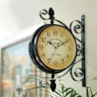£20.95 • Buy Vintage Double Sided Station Wall Clock Garden Outdoor Steel Bracket Hanging