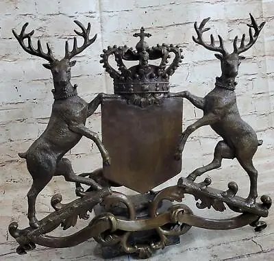 Coat Of Arms Family Crest Stags & Crown Bronze Metal Wall Hanging Plaque Decor • $224.50