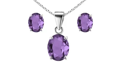 925 Sterling Silver Amethyst Oval Cut Pendant Necklace And Earring Set For Women • $14.99