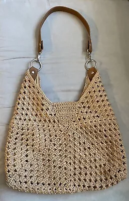 Beige Macramé & Crochet BOHO Shoulder Bag W/Brown Shoulder Strap & Snap Closure • $19.99