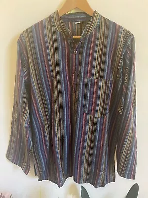 M 100%  Cotton Hippie Festival Grandad Button Shirt Long Sleeve Lightweight • £20