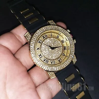 Iced Cubic Zirconia Full Black Silicone Band Round Bling Wrist Hip Hop Watch • $18.99