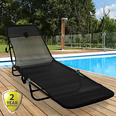 Black Go Flat Sun Lounger Outdoor Garden Textoline Flat Bed Adjustable Furniture • £29.99