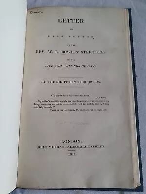 £149.50 • Buy 1821 Lord Byron Letter To On The Life And Writings Of Pope