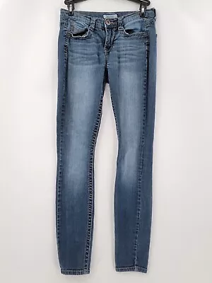 Mudd Jeans Juniors Size 3 Color Blue Distressed Button Zip Pockets Denim Logo • $17.84