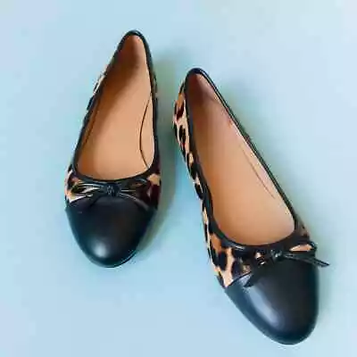 J Crew Calf Hair Faux Leather Cap Toe Almond Slip On Bow Ballet Flats Size 7.5 • $34.95