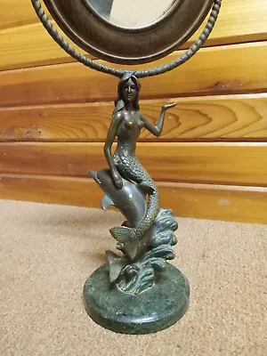 Solid Brass Mermaid Tabletop Vanity Mirror Standing On Green Marble Platform • $100