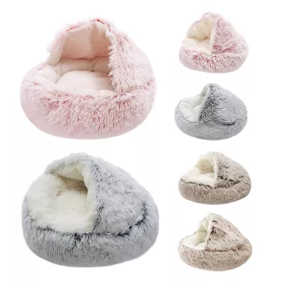 Pet Dog Cat Beds Plush Cave Hooded Warm Round Plush Puppy Beds Sleeping Nest Bed • £8.95