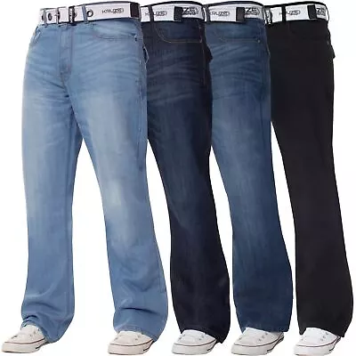 Kruze Mens Bootcut Jeans Wide Leg Flared Denim Trousers Belted Pants UK Sizes  • £18.99