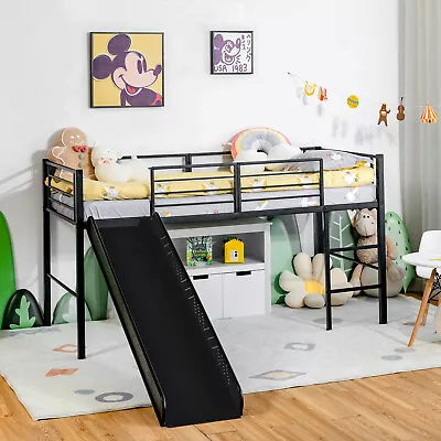 Kids Single Loft Bed Children Mid Sleeper Bunk Bed W/ Slide & Safety Guardrails • £134.95