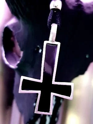 Inverted Cross Necklace Pendant Black Enamelled Satan Lucifer Petrine Cross Cord • £9.95