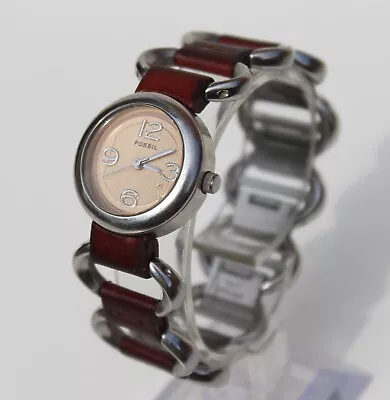 £21 • Buy Used Fossil Es-1767 Vintage  Look Stainless & Leather Quartz Watch, New Battery