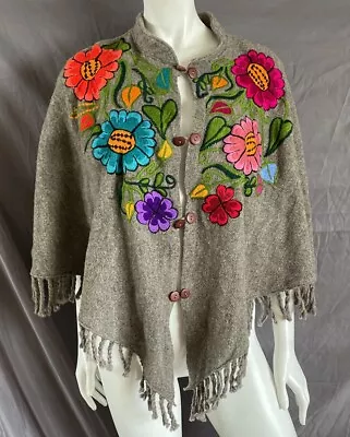 Handwoven Alpaca Wool Embroidered Flowers Floral Cape Poncho Fringe Vintage S/M • $49.95