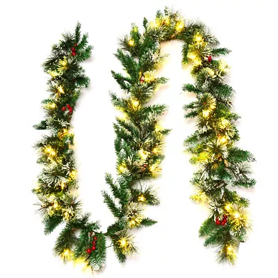 9ft Pre-lit Christmas Garland W/ Snow Flocked Tips Red Berries 50 Lights & Timer • $35.99