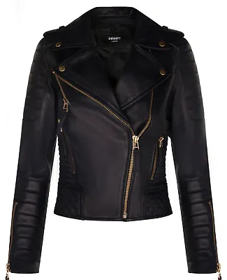 £107.99 • Buy Ladies Leather Biker Jacket Quilted Matte Black Gold Zip Real Nappa Goth Jacket 