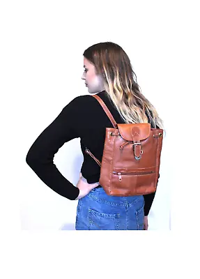 Camel LEATHER BACKPACK Tan Orange Brown Rucksack Tote School Handbag Annapelle • $82