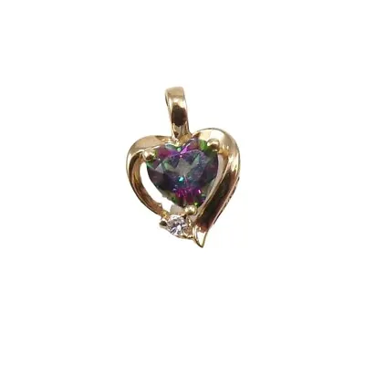 Solid 10K Yellow Gold Mystic Topaz Clear CZ Heart Love Pendant • $92.69