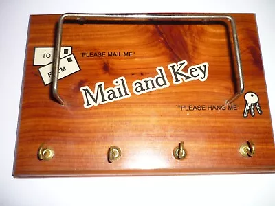 Vintage Mail And Key Holder Cedar Wood  4 Hanging Hooks Mail Holder Organizer • $15.99