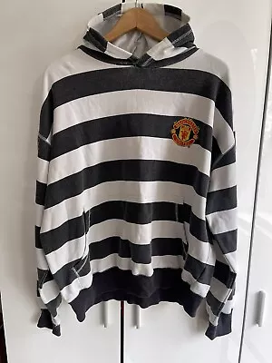 Manchester United Mens Striped Hoodie Hoody Jumper Size Large L Black White • £15.50