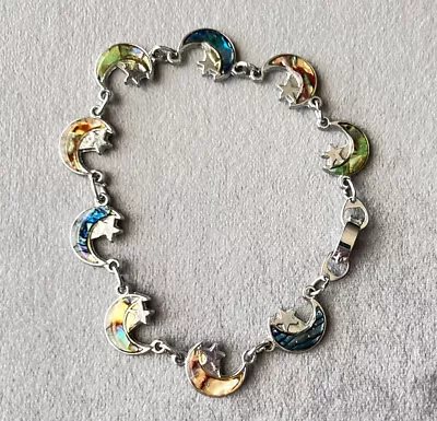 Silvertone Abalone Style Crescent Moon And Star Bracelet 7.5” • $8.40