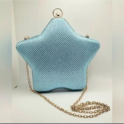 NEW Pastel Blue Rhinestone Star Shape Hard Shell Purse Shoulder Bag Gold BG5 • $28.99