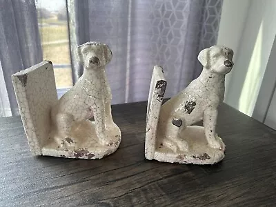 Vintage White Brown Stoneware Crackle Glaze Dog Figurine Bookends Set • $8