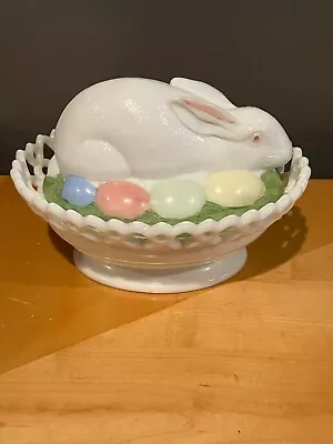 Westmoreland Milk Glass Bunny Rabbit On Nest W Pastel Easter Eggs Candy Dish • $60