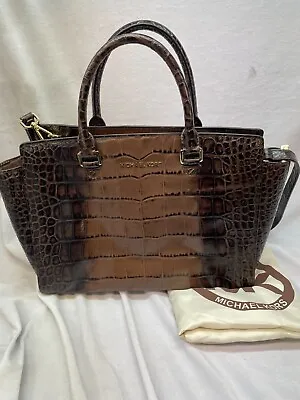 Michael Kors Brown Croc Leather Tote Shoulder Bag Satchel Travel Work • $292.50