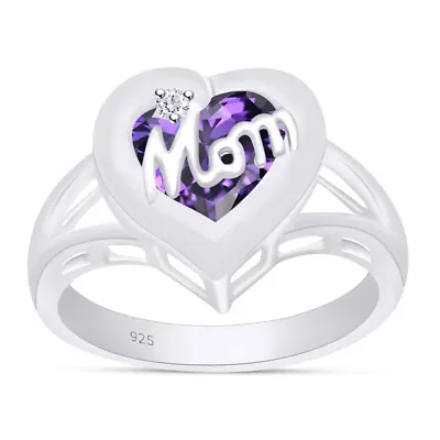 Amethyst & Simulated Diamond Mom Heart Ring Sterling Silver 925 Engagement Sz-8 • $70.19