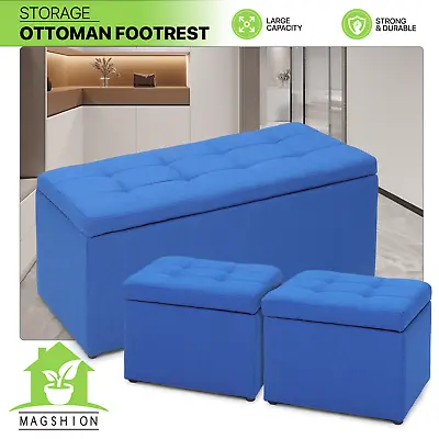 3 Piece Navy Blue Lift Top Storage Ottoman Bench Home Upholstered Footrest Stool • $129.99